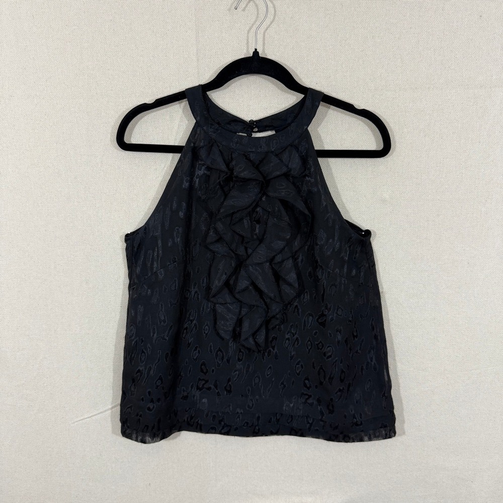 Kenar Women Black Animal Print Burnout Ruffle Halter Top‎ Size S Keyhole Back